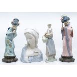 Four Lladro figures, two Japanese girls, Holy Mary and lady with a hen