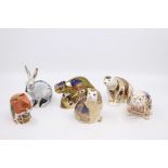 A collection of six Royal Crown Derby paperweights to include chameleon, hare, polar bear,