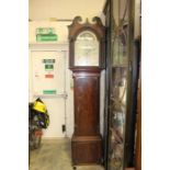 A George III mahogany eight day longcase clock, the hood with a swan neck pediment, white painted