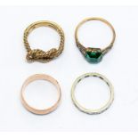 A collection of rings to include a 9ct gold knot ring, size J1/2, a 9ct rose gold band, size N,