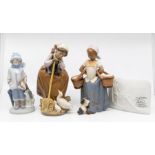 Three unboxed Lladro figures of young girls, with a Lladro plaque