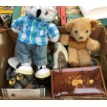 Collectors lot of two teddies, treen box, resin jazz band figures, mosaic ships, etc, 20th Century