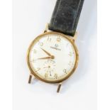 A gents Gurnett 9ct gold vintage wristwatch, round champagne dial, Arabic markers with subsidiary,