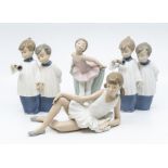 Four Nao figures, two chicks, boys and two ballet dancers