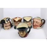 Five Royal Doulton character jugs including Captain Morgan, Parson Brown, Victor of Bray, Joby