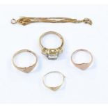 A collection of 9ct gold jewellery, including two 9ct gold signet rings, a yellow metal signet ring,
