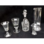 A collection of assorted early 19th Century glass wares, comprising a small acid etched decanter,