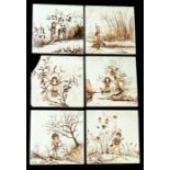 A set of six mid 19th Century Minton large tiles, monochromatic hand painted with Children or