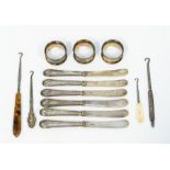 A collection of silver and silver plated items to include a six silver handled Arts & Crafts knives,