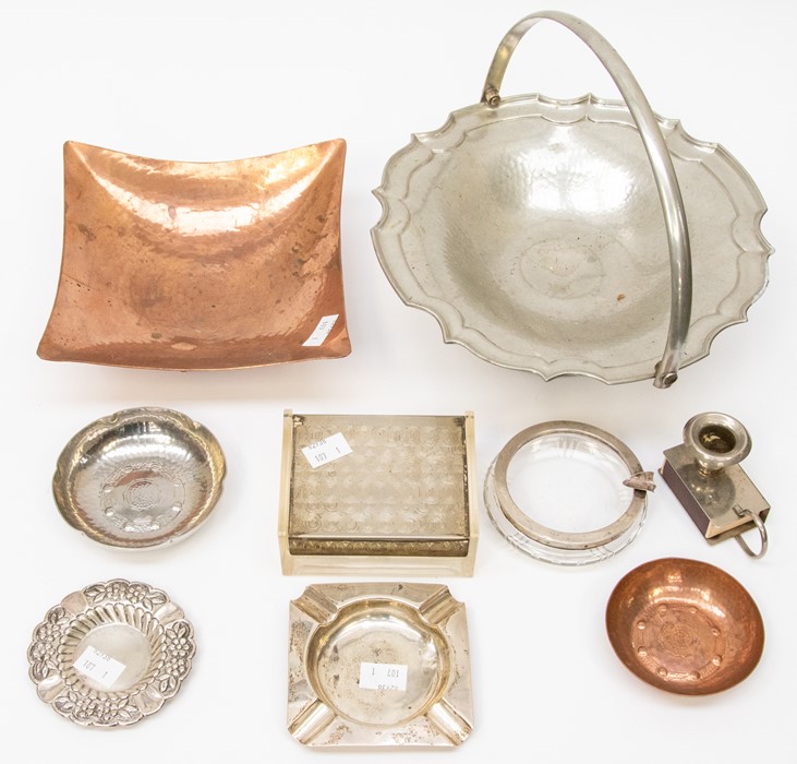 A collection of metal and silver items including ashtrays, pewter bowl, copper bowl, cigarette