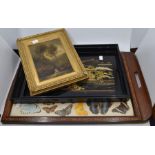 A collection of serving trays, mahogany and ebony along with an oil on board, 1878, signed