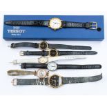A collection of watches to include a gents gold plated Tissot wristwatch, round white dial, approx