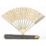 A late Victorian ivory decorative fan in wooden case (belonged to Charles Davies wife d.1869) a/f
