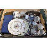 A collection of commemorative mugs, plates, box items, other mid to late 20th Century items