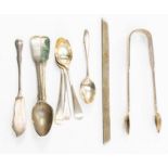 A collection of silver flatware to include a pair of Georgian spoons, London 1825, Richard