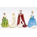 Three Royal Doulton figures including Fleur, Lambing Time, Helen and a Royal Worcester Queens 80th