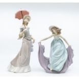 Two Lladro figures of young ladies, one with a parasol