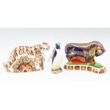 Three Royal Crown Derby paperweights, with gold stoppers and no boxes included, to include a bull,