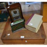 A pine writing slope, late 19th Century mantle clock, playing cards holder, Mrs Beetons Cookery