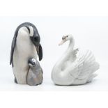 Two Lladro figures, penguins and swan