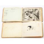 Two photo albums 1910's-1940's with ink and water colour illustrations after postcard and cartoon