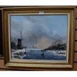 Oil on canvas of a Dutch winter scene, by Digby Page, 1980