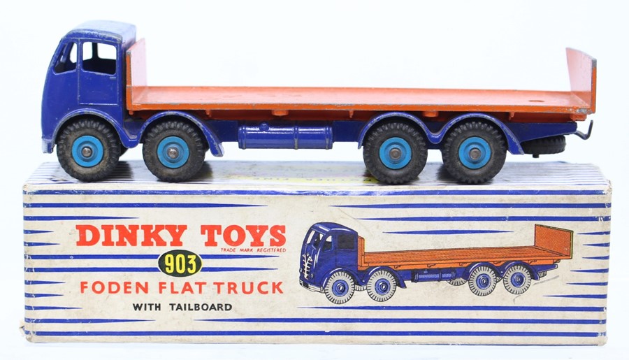 Dinky: A boxed Dinky Toys, Foden Flat Truck with Tailboard, 903, blue cab with orange flatbed, heavy