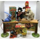 Tinplate: A collection of clockwork animals including: Lustige Urwald-Musik Monkey playing