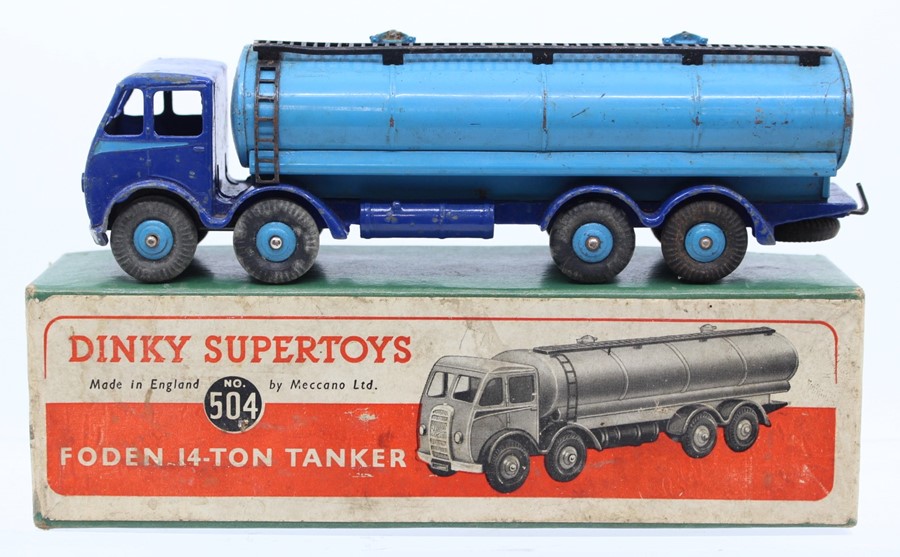 Dinky: A boxed Dinky Supertoys, Foden 14-Ton Tanker, 504, blue two-tone livery, general wear to