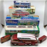 Tinplate: A collection of assorted tinplate Buses including Ichiko, Japan, friction powered coach,