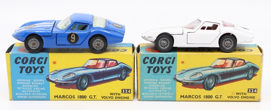 Corgi: A boxed Corgi Toys, Marcos 1800 G.T. with Volvo Engine, 324, blue, white stripes, No. 9,