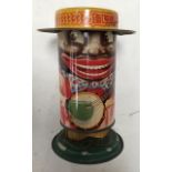 Tinplate: A circa mid-20th century, vintage, tinplate money box with spring action, his legs grow