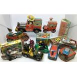 Tinplate: A collection of assorted vehicles including: tinplate battery operated popcorn car, (