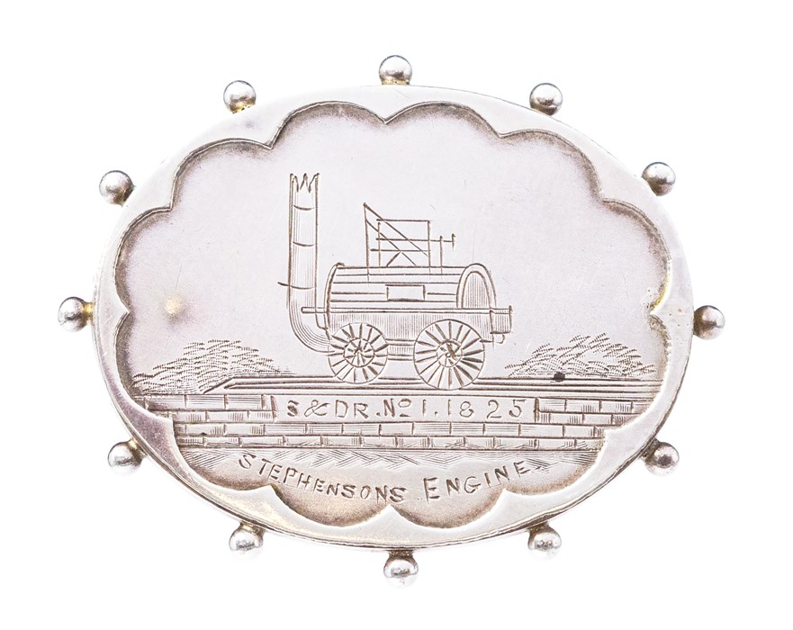 Railwayana Interest: A silver hallmarked, oval brooch, engraved with Stephenson's Engine, 'S & D R - Image 2 of 3