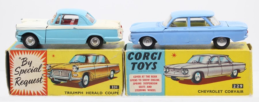 Corgi: A boxed Corgi Toys, Chevrolet Corvair, 229, blue body, slight paint chips, body generally