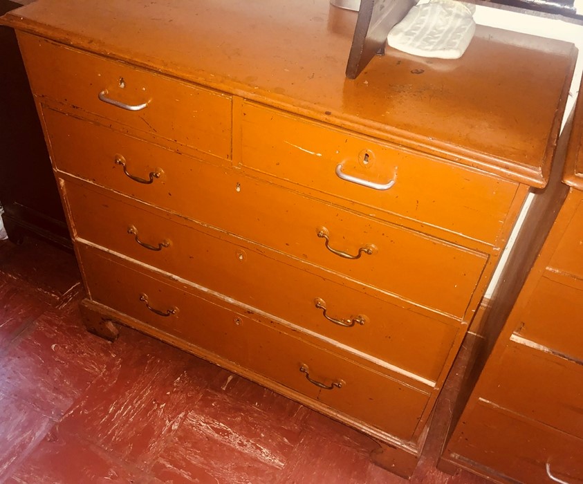 A late Victorian mahogany chest of drawers, circa 1890, later painted, slight oversailing top