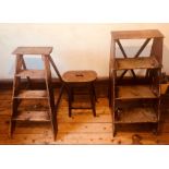 Two similar early 20th century pine library steps; another Arts & Crafts oak stool (3) Condition