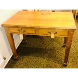 A late Victorian light oak writing desk, circa 1900, slight oversailing top above two frieze drawers