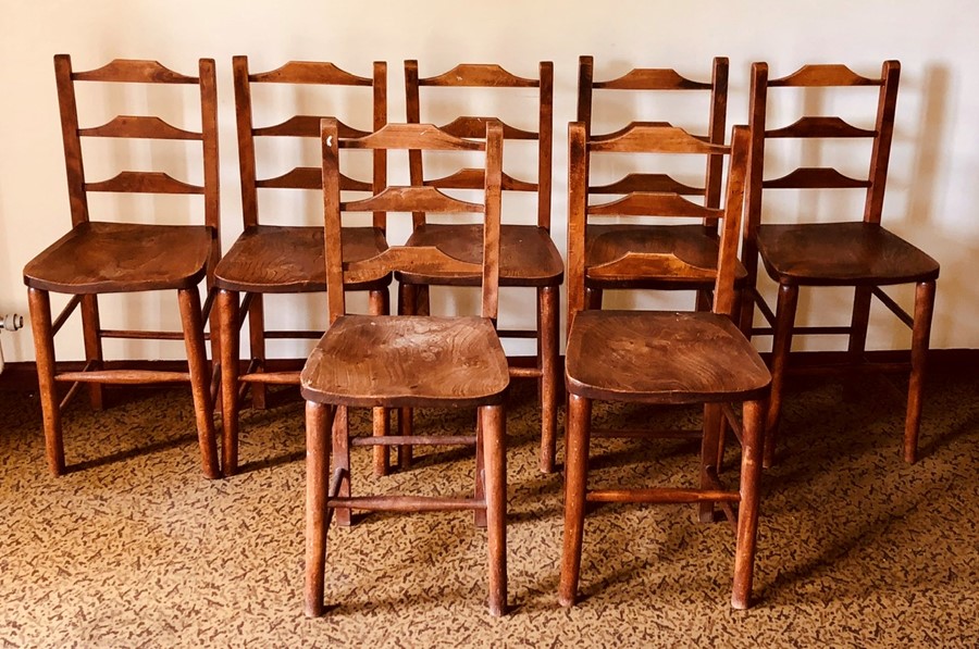 A set of eight 19th century oak and pine farmhouse kitchen chairs, oak rail backrest to back