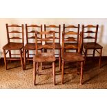 A set of eight 19th century oak and pine farmhouse kitchen chairs, oak rail backrest to back