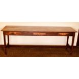 A 19th Century oak and pine farmhouse table, rectangular oak top above three single frieze