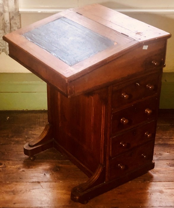 A Victorian walnut and satinwood inlay davenport desk, circa 1860, hinged slope inset with green