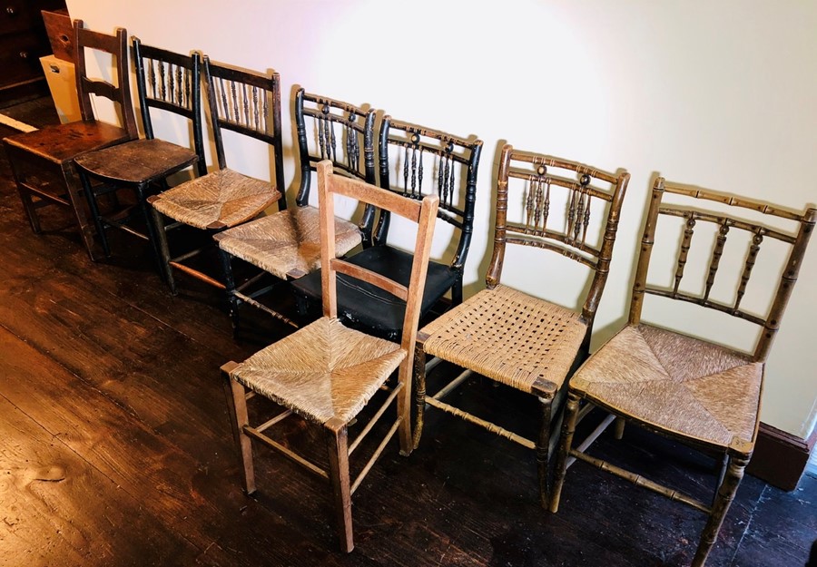 A set of various 19th century spindle back chairs; others. (8)