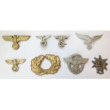 WW2 Third Reich cap badge collection: NSDAP gilt cap eagle maker marked RZM M1/101, early SS