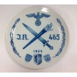 WW2 Third Reich commemorative plate for Infantry Regt 465, 1939. Maker marked on reverse for