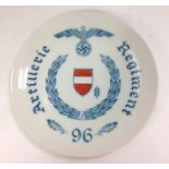 WW2 Third Reich Commemorative Plate for Artillerie Regiment 96. Maker marked for Meissen on