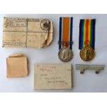 WW1 British War and Victory Medal to 268642 Pte WT Cope, Notts & Derby Regt. Complete in original