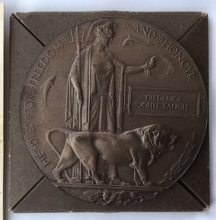 WW1 British Death Plaque to Frederick John Baugh complete with card case of issue, slip and a letter - Image 2 of 5