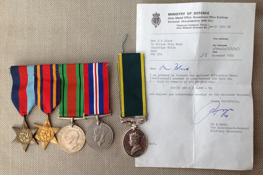 WW2 British Medal group to 908538 Gnr SJ Black, Royal Artillery comprising of 1939-45 Star, Burma