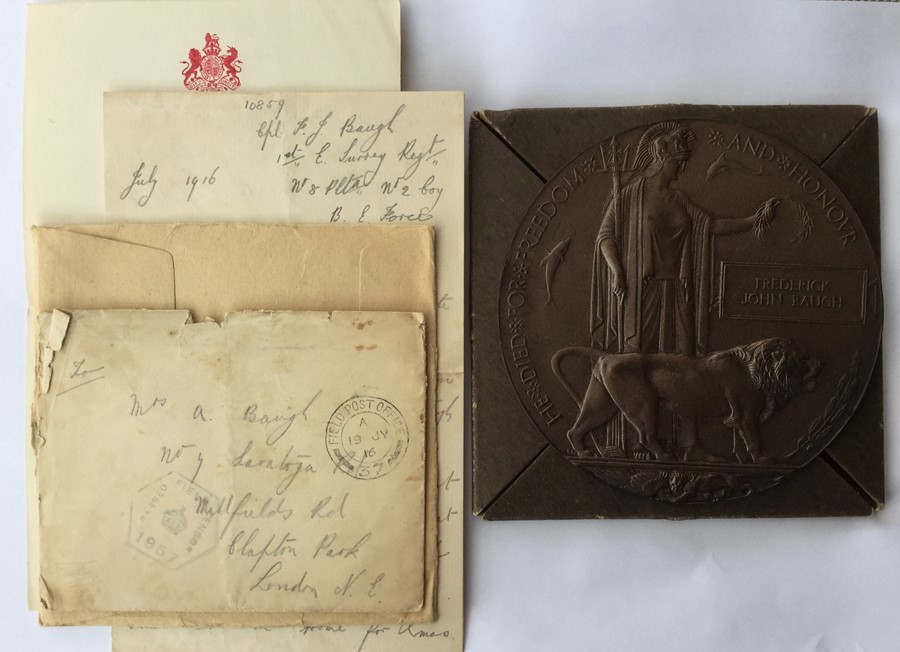 WW1 British Death Plaque to Frederick John Baugh complete with card case of issue, slip and a letter